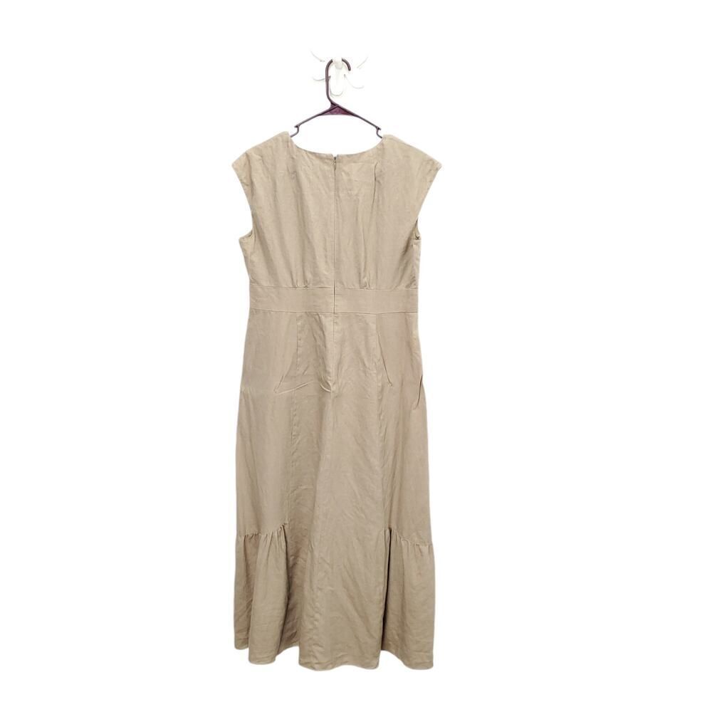 SUNDANCE 100% Linen Tan Lagenlook Surplice Neckline Midi Dress - Picture 7 of 9